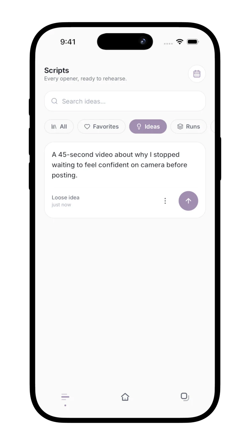 The Ideas filter selected in the Scripts mobile library, showing a saved rough thought with an arrow to run it.