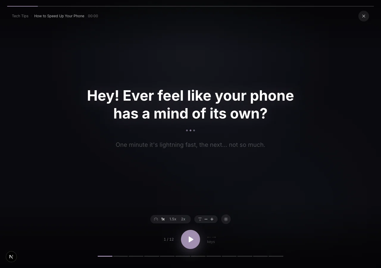 Scripts Reading Mode with one large current line, a dimmed next line, playback controls, and speed and text size settings.