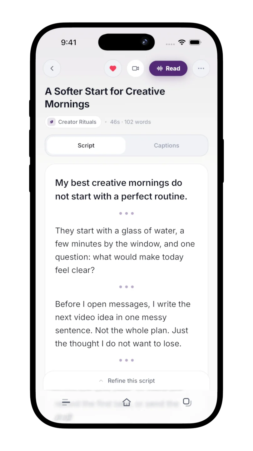 A finished script in Scripts, with a Read button, a camera button, and Refine this script beneath the draft.