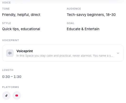 A Space in the Scripts web app showing the audience, tone, length, and Voiceprint settings.
