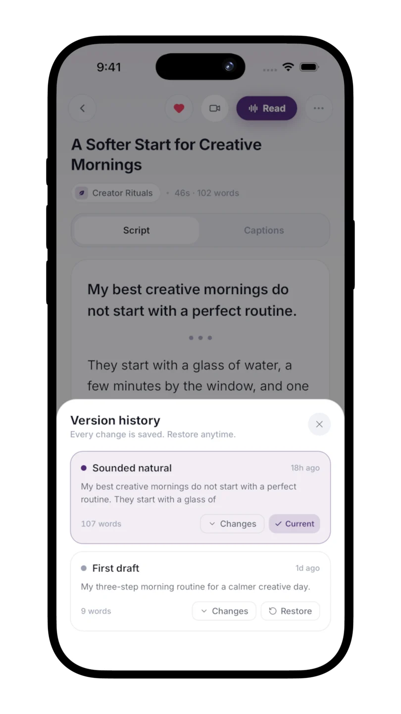 Scripts version history showing the current revision and an earlier draft with a Restore button.